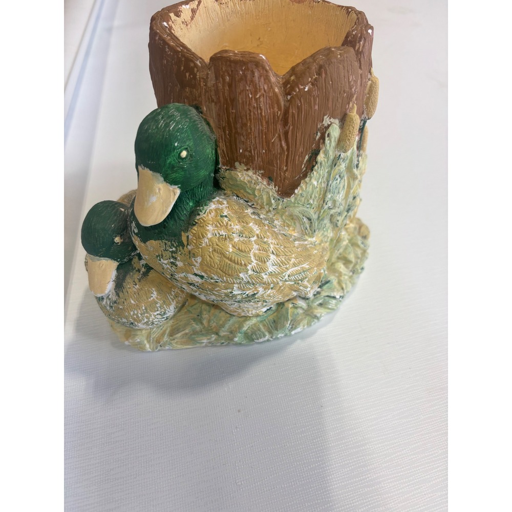 Mallard Duck Tree Stump Planter Pencil Holder Rustic Cabin Decor 7 Inch